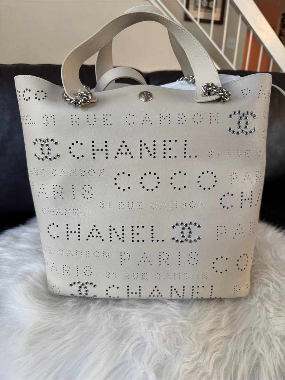 NWT CHANEL 2019 Beige Calfskin Perforated Logo Tote with Silver-Tone Hardware - Picture 3 of 17
